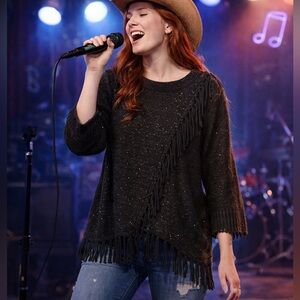 Reba Concert Fringe Sparkle Sweater Western Country XL